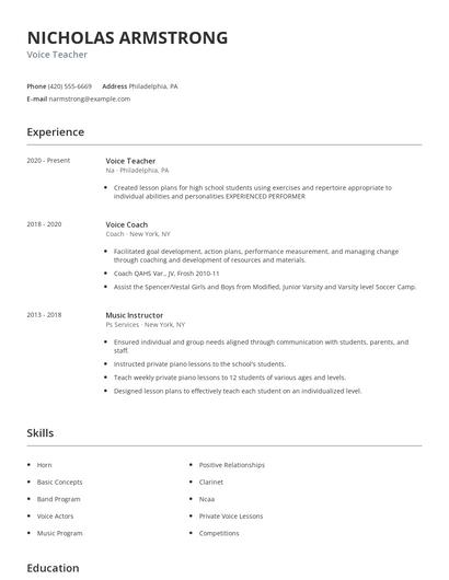 Voice Teacher Resume
