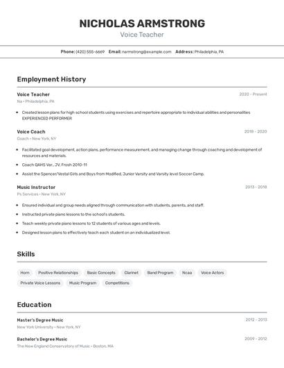 Voice Teacher Resume