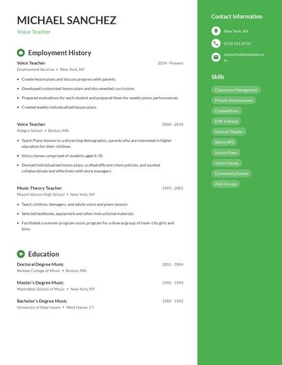 Voice Teacher Resume