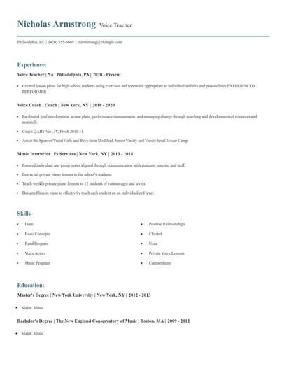 Voice Teacher Resume