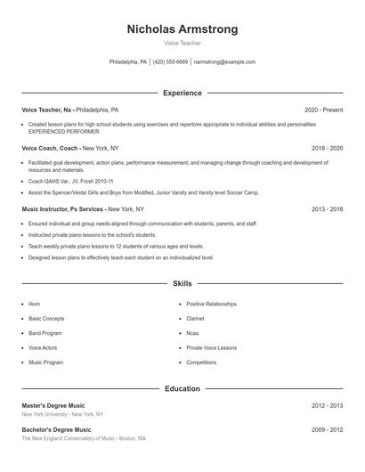 Voice Teacher Resume