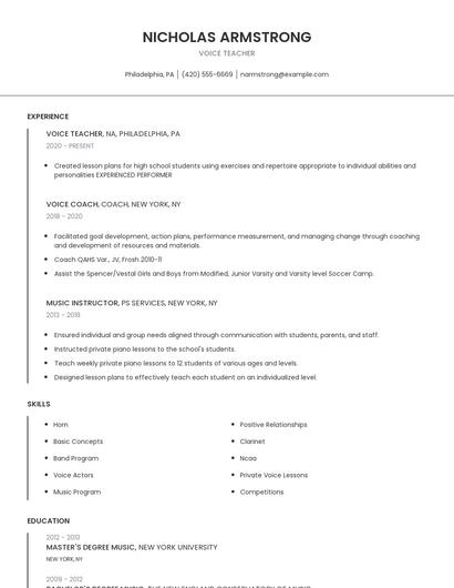 Voice Teacher Resume