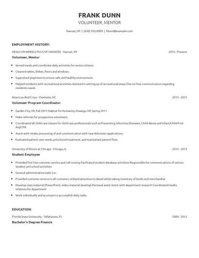Volunteer, Mentor Resume