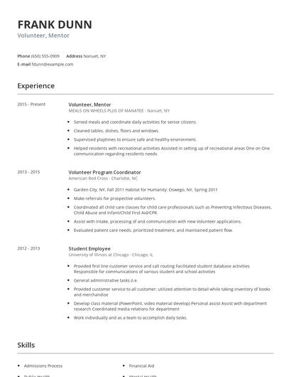 Volunteer, Mentor Resume