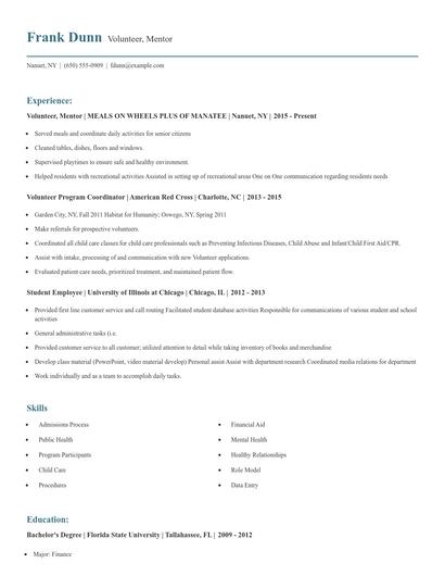 Volunteer, Mentor Resume