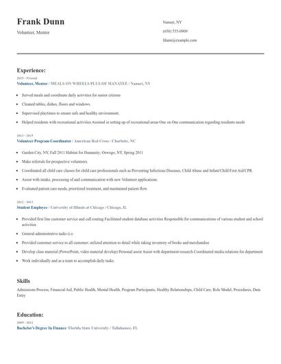 Volunteer, Mentor Resume