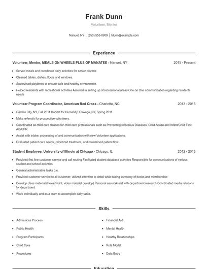 Volunteer, Mentor Resume