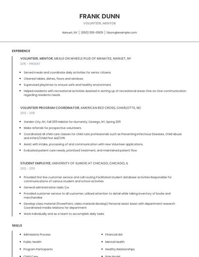 Volunteer, Mentor Resume
