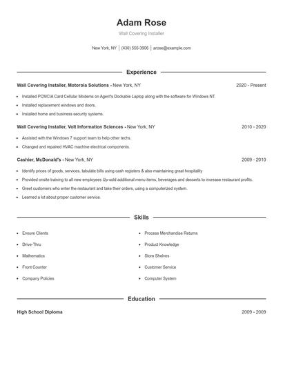 Wall Covering Installer Resume