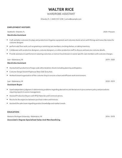 Wardrobe Assistant Resume