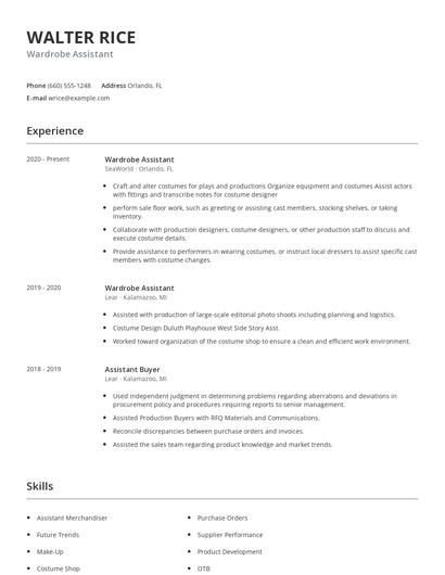 Wardrobe Assistant Resume