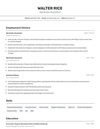 Wardrobe Assistant Resume