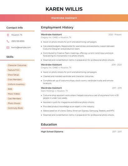Wardrobe Assistant Resume