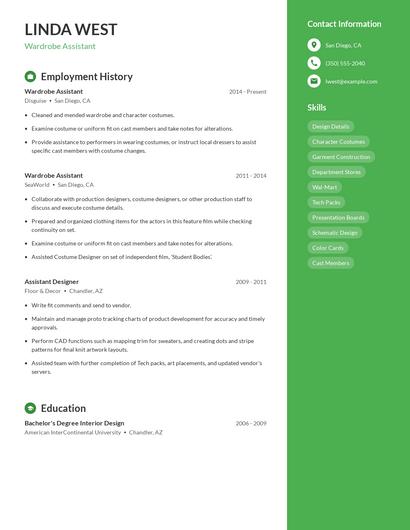 Wardrobe Assistant Resume