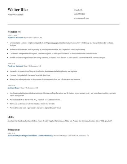 Wardrobe Assistant Resume