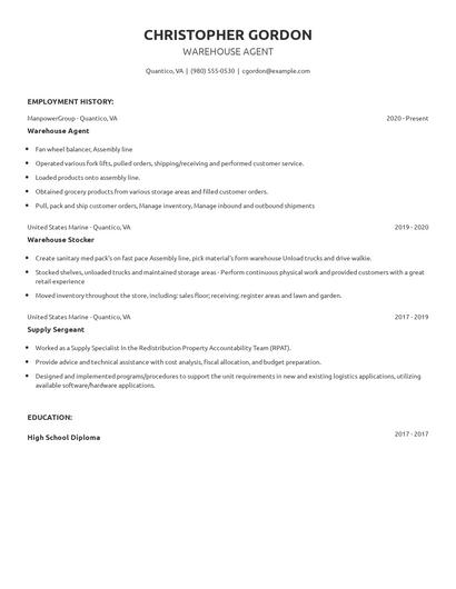 Warehouse Agent Resume