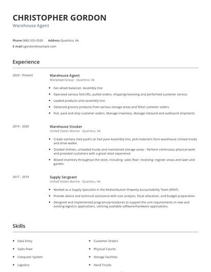 Warehouse Agent Resume