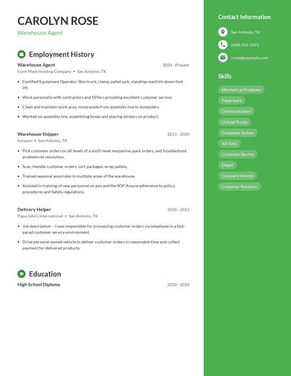 Warehouse Agent Resume