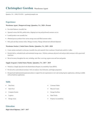Warehouse Agent Resume