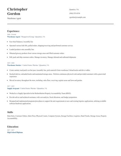 Warehouse Agent Resume