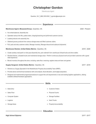 Warehouse Agent Resume