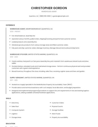 Warehouse Agent Resume