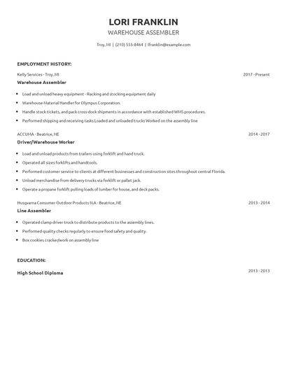 Warehouse Assembler Resume
