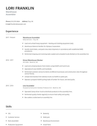 Warehouse Assembler Resume