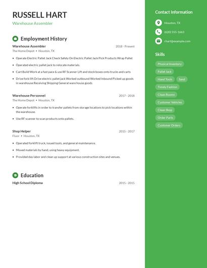 Warehouse Assembler Resume