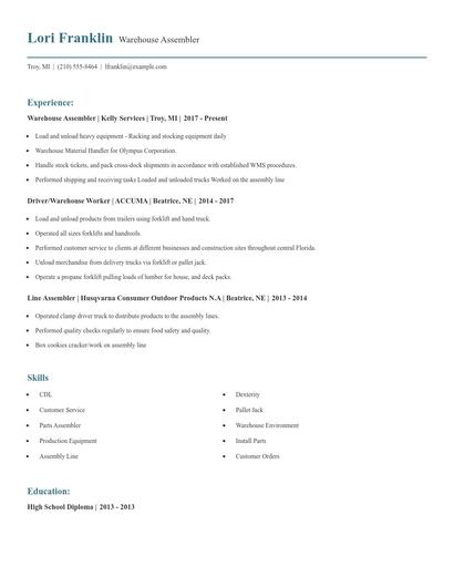 Warehouse Assembler Resume