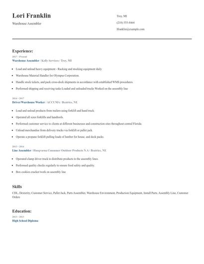 Warehouse Assembler Resume