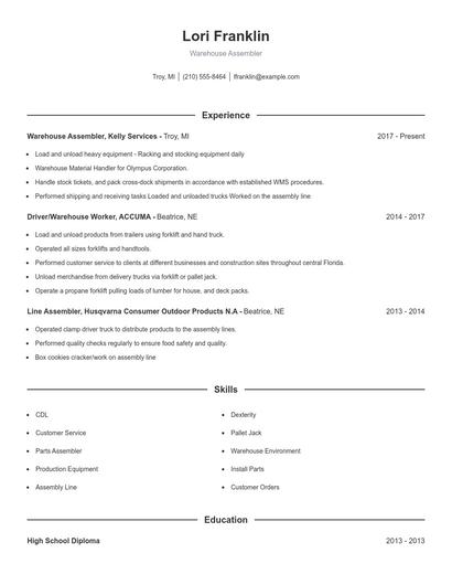 Warehouse Assembler Resume