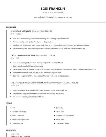 Warehouse Assembler Resume