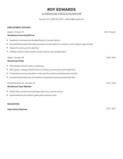 Warehouse Associate/Driver Resume