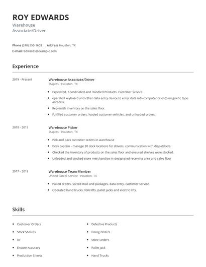 Warehouse Associate/Driver Resume