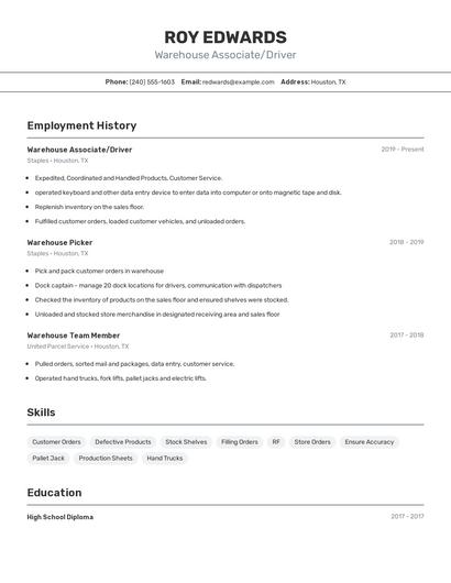 Warehouse Associate/Driver Resume