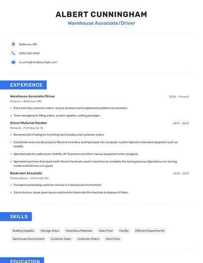 Warehouse Associate/Driver Resume