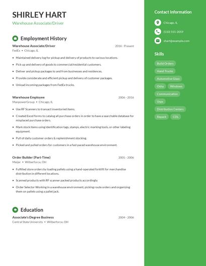 Warehouse Associate/Driver Resume