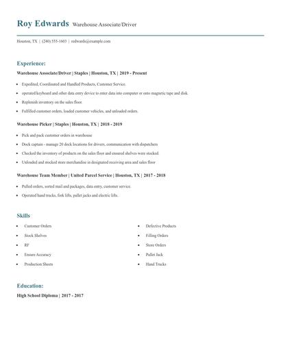 Warehouse Associate/Driver Resume
