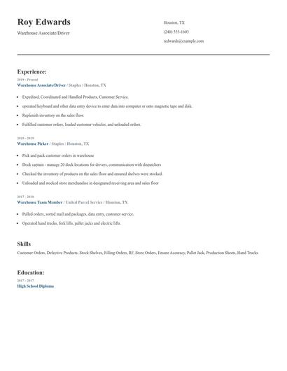 Warehouse Associate/Driver Resume