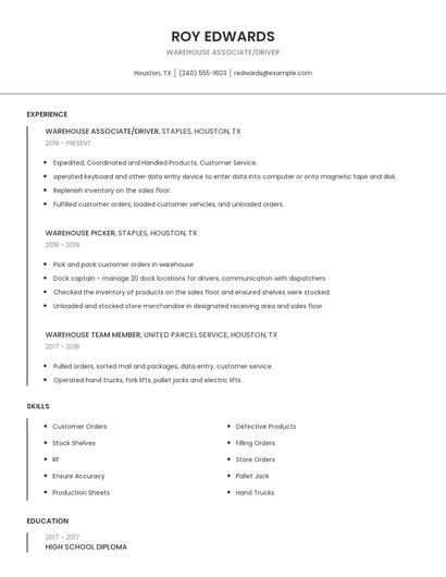 Warehouse Associate/Driver Resume