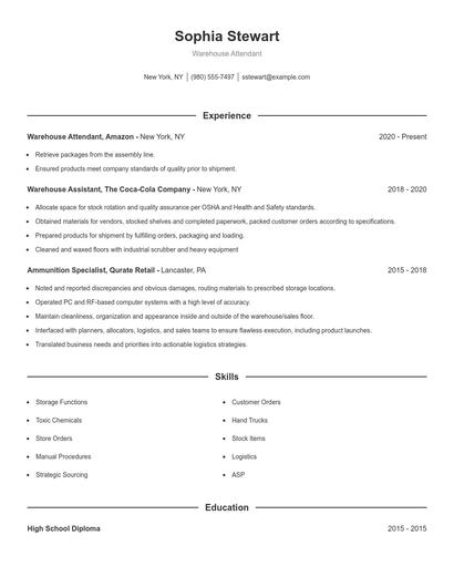 Warehouse Attendant Resume