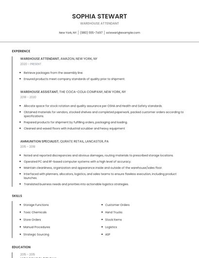 Warehouse Attendant Resume