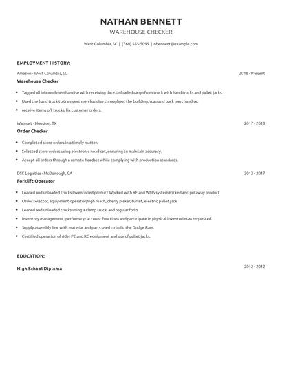 Warehouse Checker Resume
