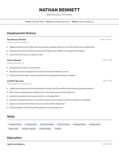 Warehouse Checker Resume
