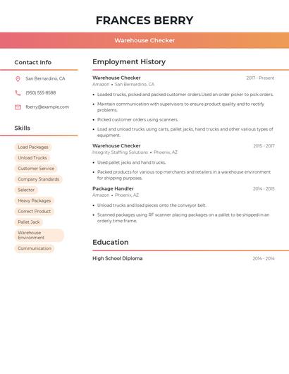 Warehouse Checker Resume