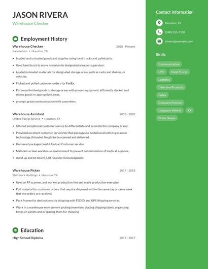 Warehouse Checker Resume