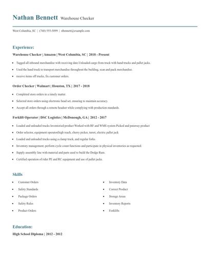 Warehouse Checker Resume