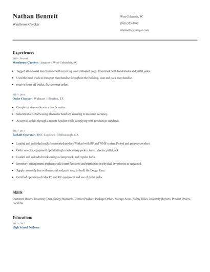 Warehouse Checker Resume