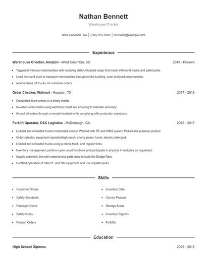 Warehouse Checker Resume